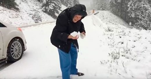 101-Year-Old Mom Asks Her Son To Stop Car So She Can Play In The Snow