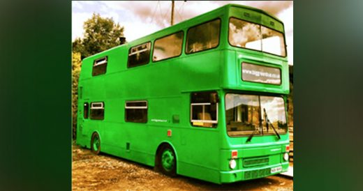 Man Turns Bright Green Double-Decker Bus Into A 3-Bedroom Home