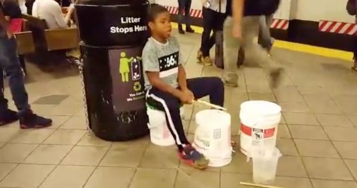 Talented Kid Drums On Buckets For Subway Performance