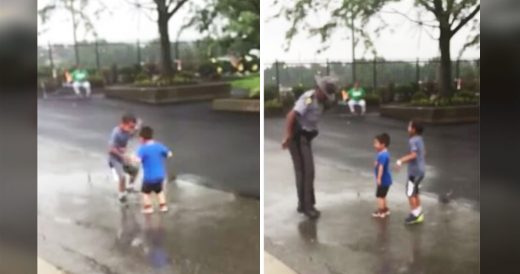 2 Young Boys Splashing In Big Puddle Suddenly Stop When Stern Cop Shows Up