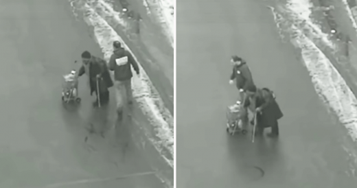 Man Suddenly Stops Mid-Traffic, Then He Approaches Elderly Woman Crossing Icy Ro...