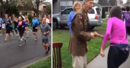 Runners Stop The Race To Pay Heartfelt Respect To Veteran On The Sidewalk