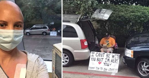 Husband Holds Supportive Sign Outside Hospital Window To Cheer On Wife During Ch...