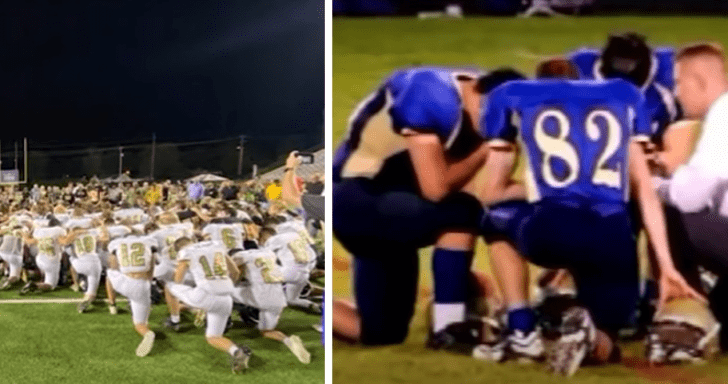 High School Football Teams Lead Fans In Post Game Prayer