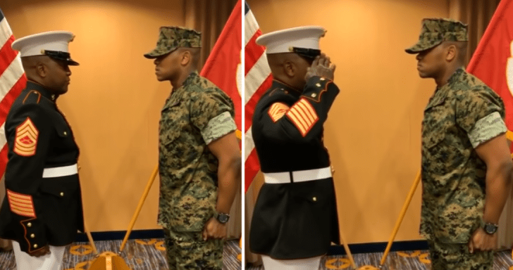 Proud Marine Father Gives His Soldier Son His First Salute