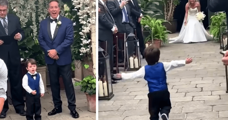 Excited Toddler Runs Down The Aisle Toward His Mom During Wedding Ceremony