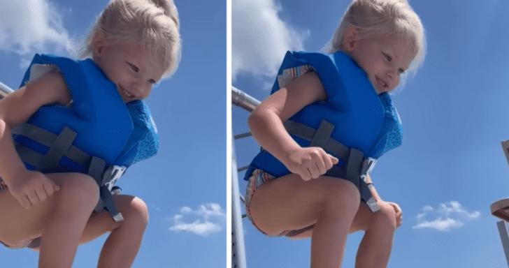 Brave Little Girl Conquers Fear Of Jumping In Water By Encouraging Herself