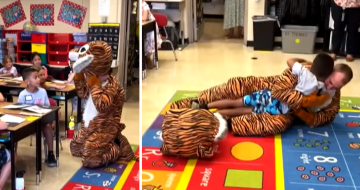 Military Dad Disguises As Tiger Mascot To Surprise His Son On First Day Of Schoo...